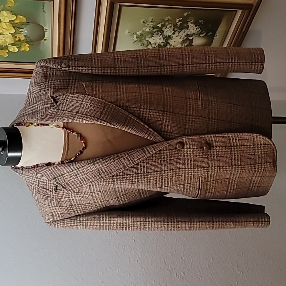 THE VILLAGER 100% wool vintage tan plaid blazer jacket size 16